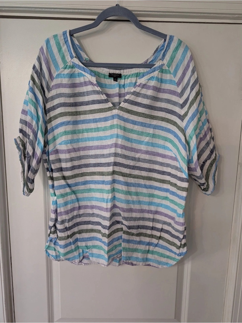 Talbots Striped V-Neck Short Sleeve Top in Mint, Lavender & Gray